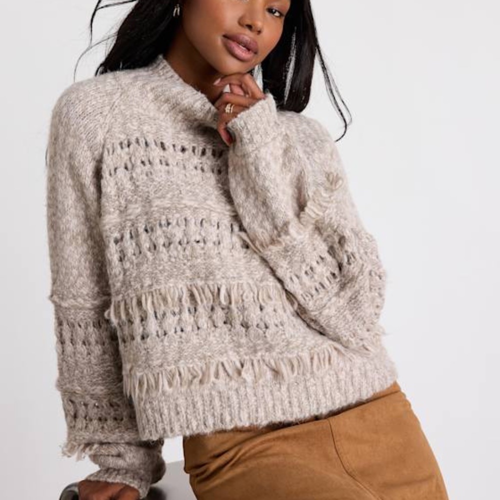 Lulus Bellwyn Heather Grey Fringe Chunky Mock Neck Sweater - Size S